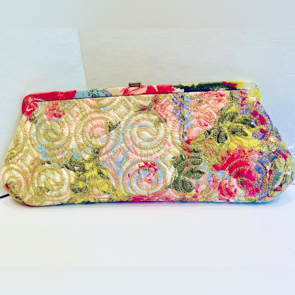 Vintage brocade clutch handbag purse floral pattern inside pocket w mirror